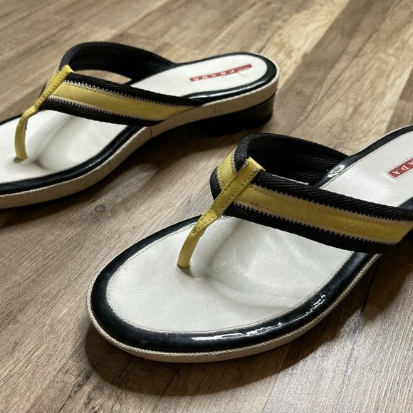 Prada Womens Yellow White Slip On Block Heel Flip Flop Sandal Size US 8 EUR 38.5 - Picture 3 of 6
